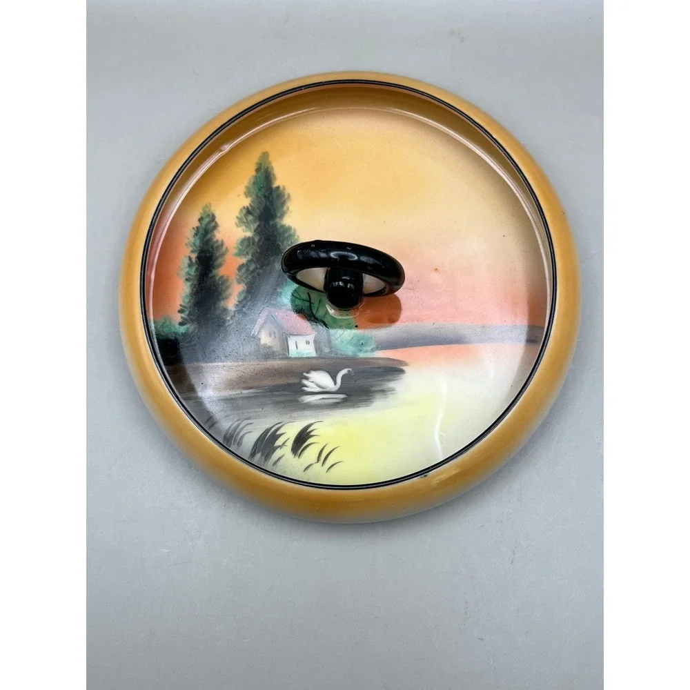 Antique 1904 Noritake Hand Painted Swan Landscape Tray Center Ring‎ Handle 6